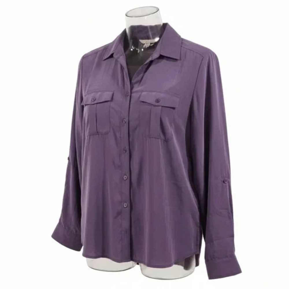Chico's SZ 1/Med. Vibrant Purple Button Up Blouse Roll Tab Sleeves Chest Pockets